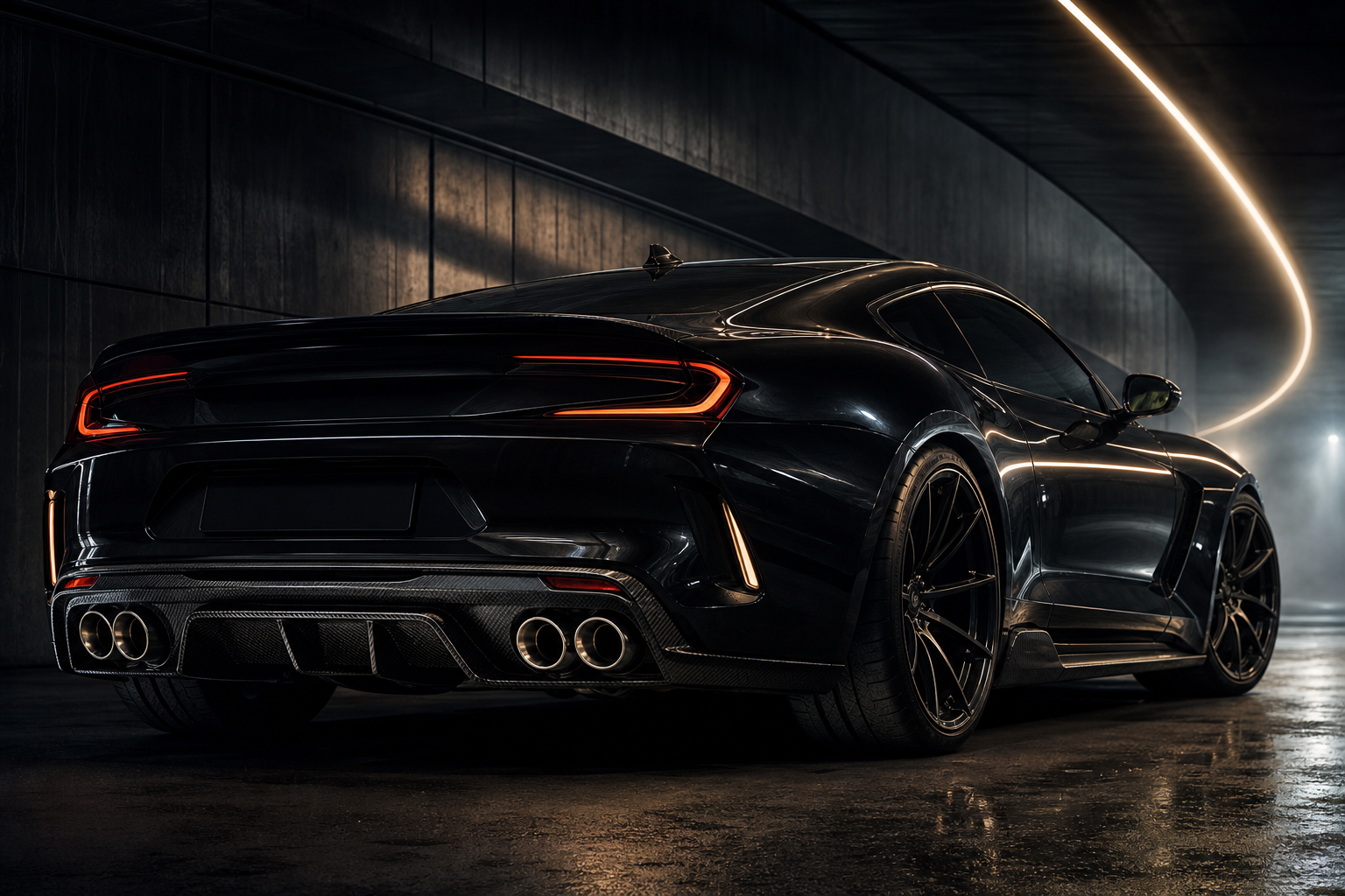 Black performance sports car with quad exhaust